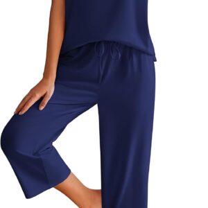Women Cotton Pajamas Sets Short Sleeve Tops and Pants Sleepwear Loungewear with Pockets