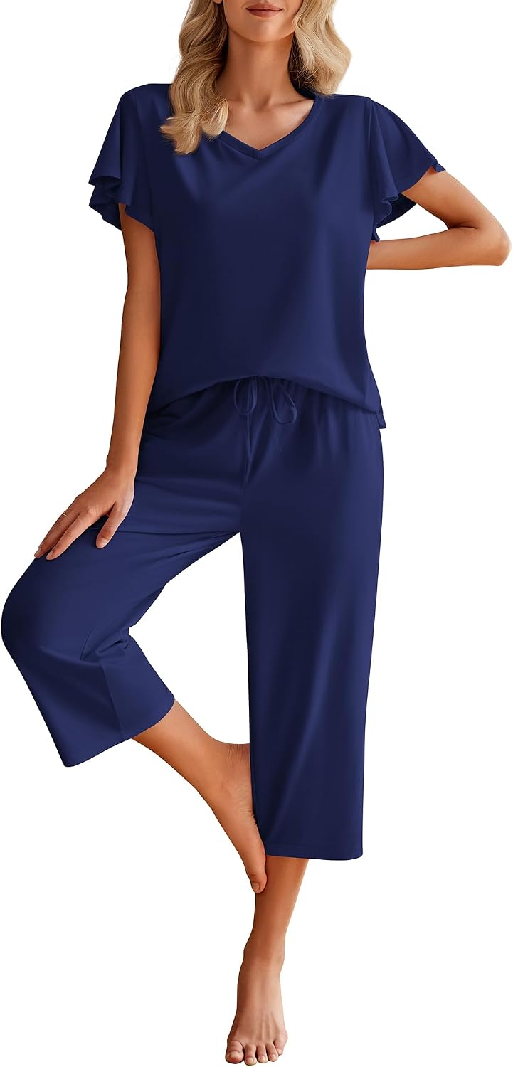 Women Cotton Pajamas Sets Short Sleeve Tops and Pants Sleepwear Loungewear with Pockets