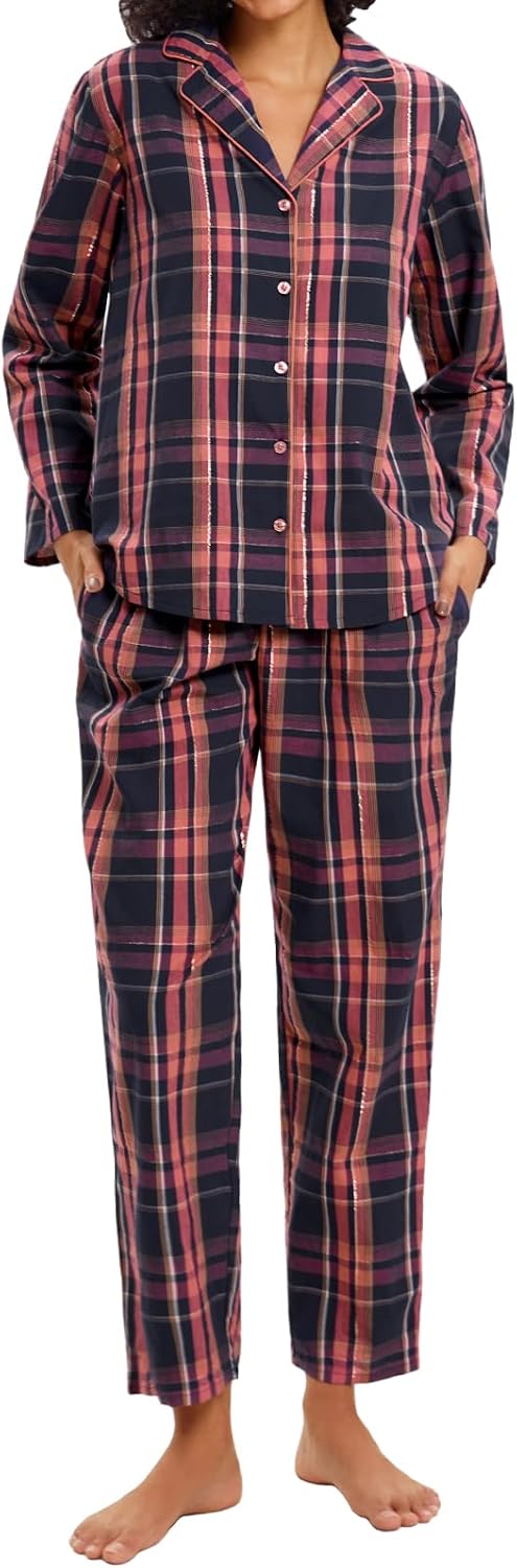 Women Thin Checked Pajamas 100% Cotton Long Sleeve Long Pants Women Pajama Check Pattern