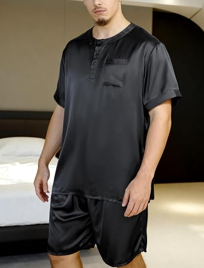 Men's Machine Washable Silk Pajama Shorts Set