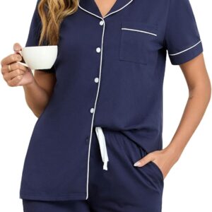 100% Cotton Pajamas for Women Set Short Sleeve Button Down Sleepwear Soft 2 Piece Summer Pjs Lounge Sets