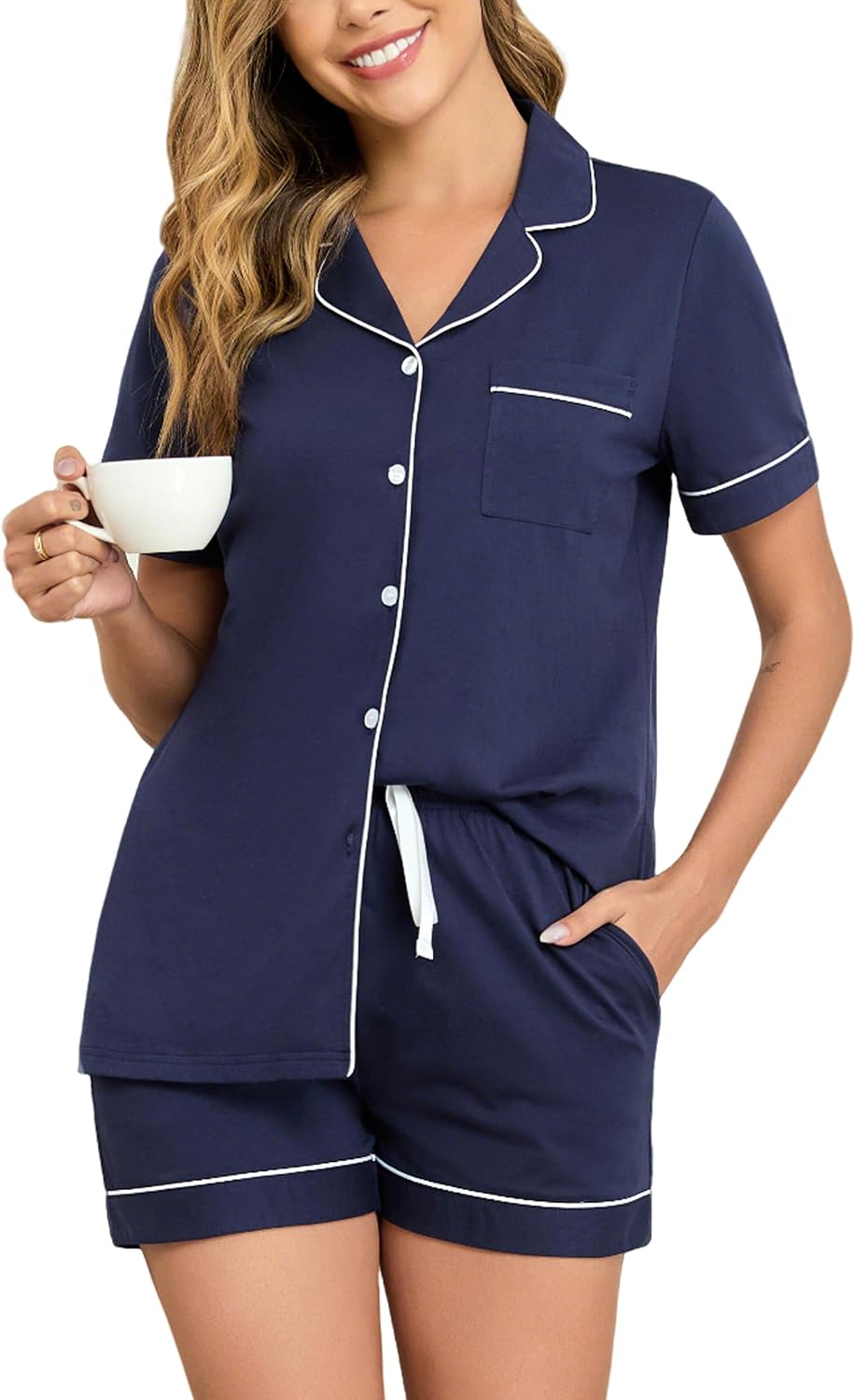 100% Cotton Pajamas for Women Set Short Sleeve Button Down Sleepwear Soft 2 Piece Summer Pjs Lounge Sets