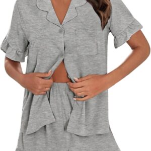 Woman Pajama Set Short Sleeve Pjs Set 2Pcs Short Pajamas Button Down Ruffle Hem Sleepwear Soft Modal Loungewear
