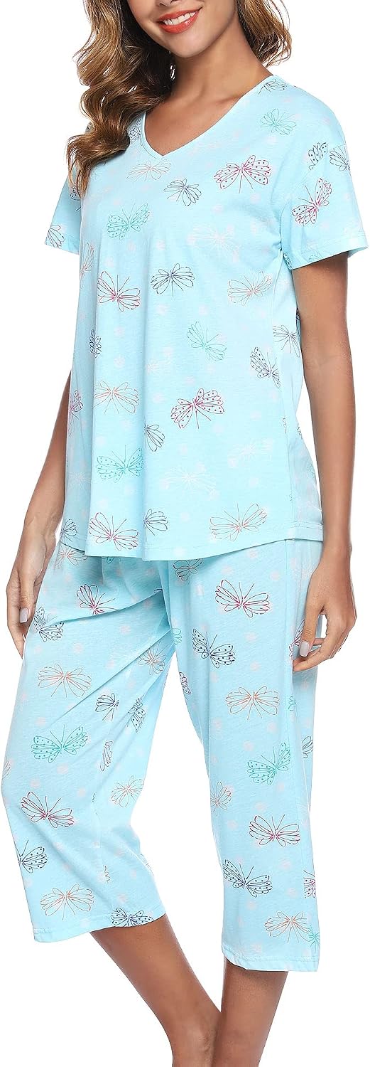 Women Pajama Sets Cotton Pj Set Short Sleeve Top With Pants Sleepwear 2 Piece Lounge Set