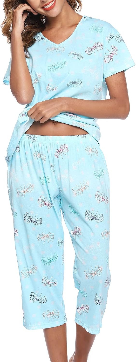 Women Pajama Sets Cotton Pj Set Short Sleeve Top With Pants Sleepwear 2 Piece Lounge Set - Image 2