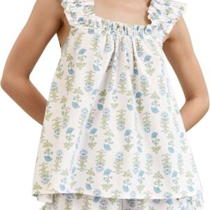 Floral Pajama Sets for Women 2 Piece Lounge Set Ruffle Cami Top and Shorts Pj Set Sleepwear